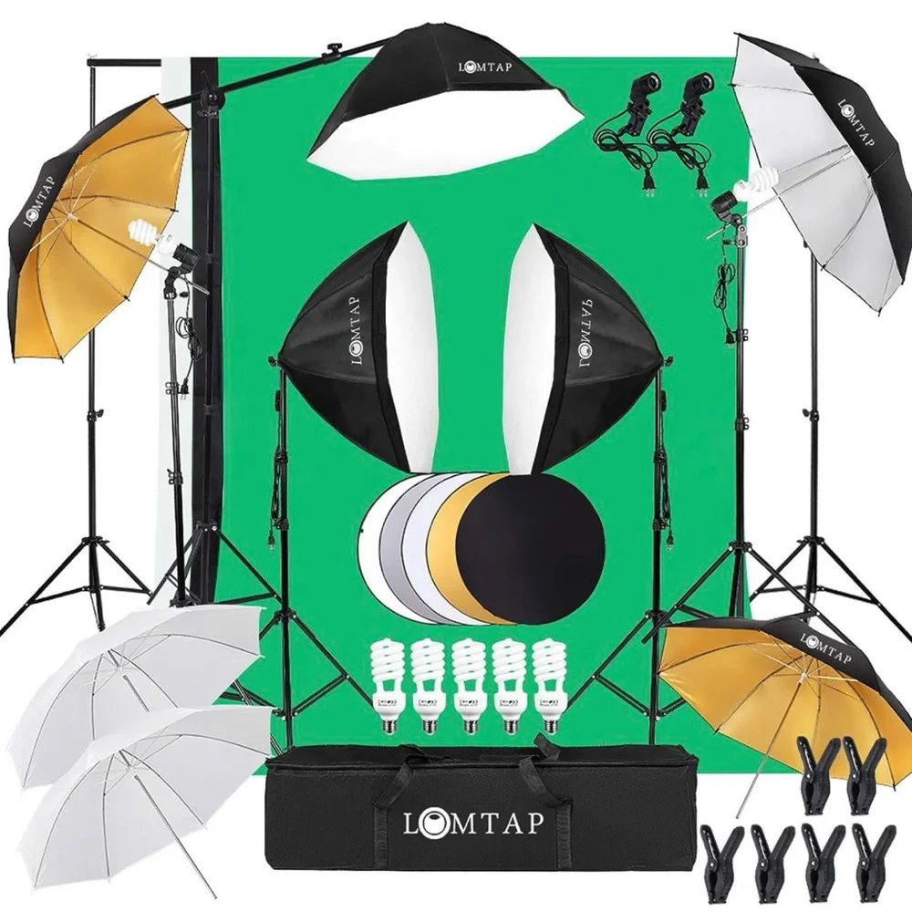 LOMTAP 2mx3m Background Support System and 65W 5500K Softbox Umbrella Lighting